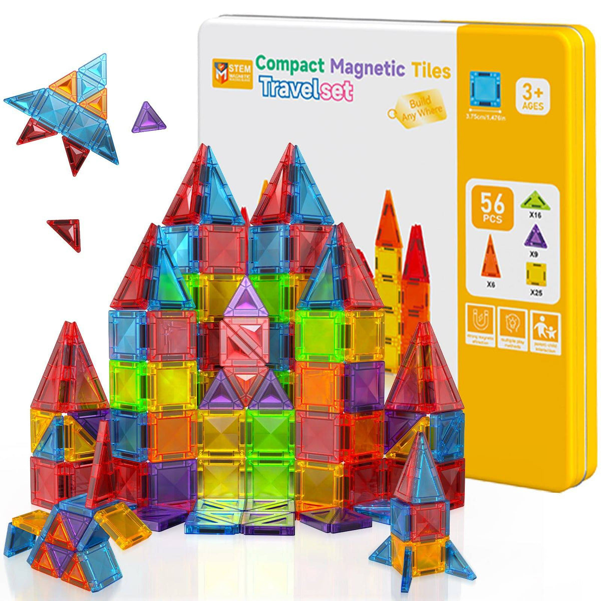 Magnetopia™【Geometric Learning】Tuiles de construction magnétiques | 40-56 pièces | 3,8 cm | Tuiles