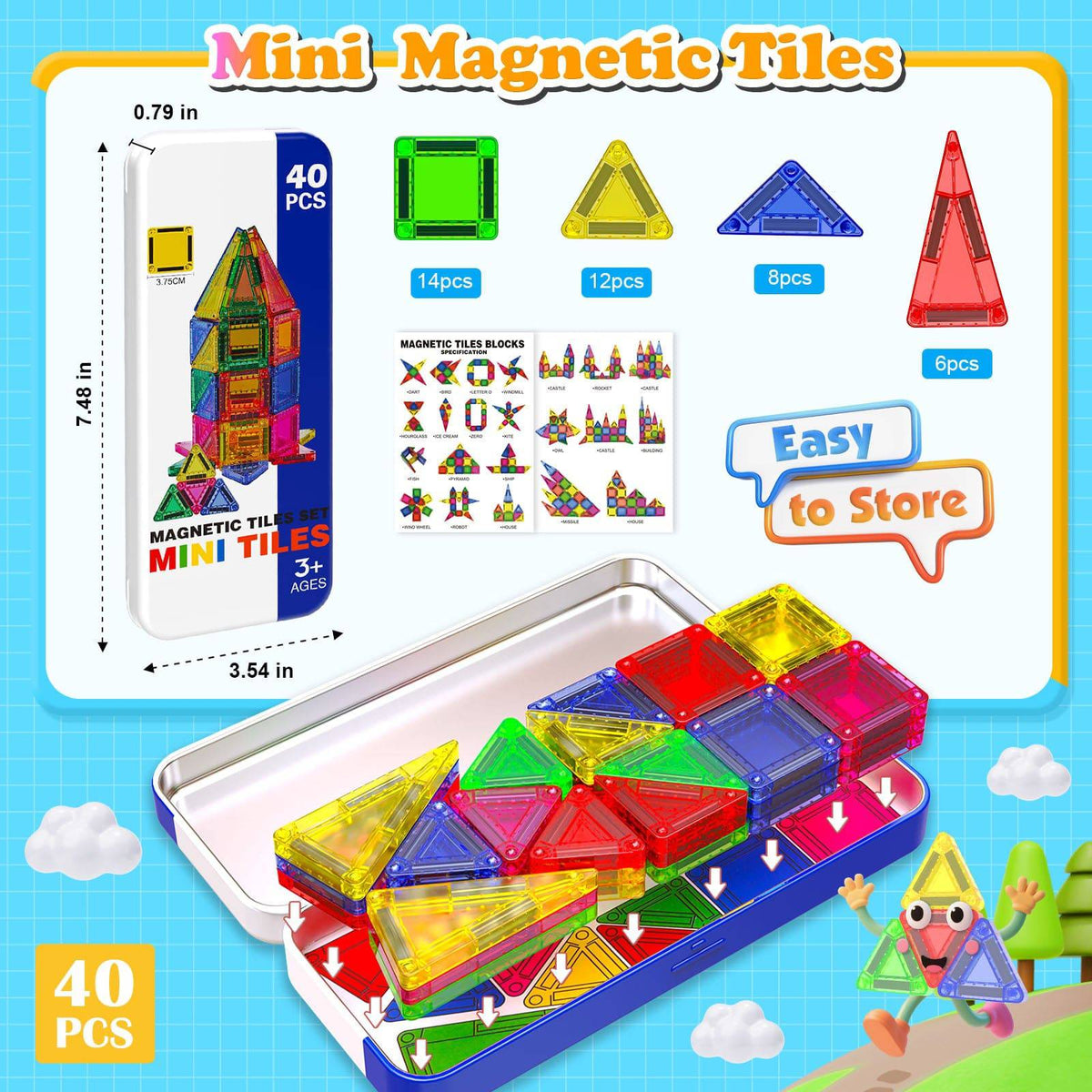Magnetopia™【Geometric Learning】Tuiles de construction magnétiques | 40-56 pièces | 3,8 cm | Tuiles