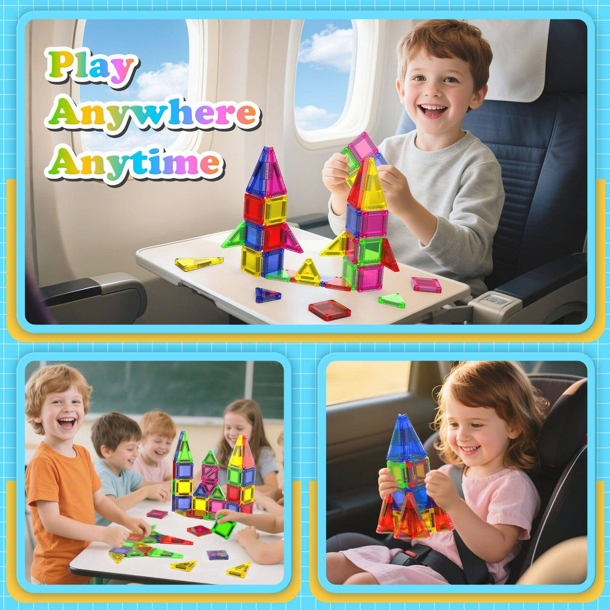 Magnetopia™【Geometric Learning】Tuiles de construction magnétiques | 40-56 pièces | 3,8 cm | Tuiles
