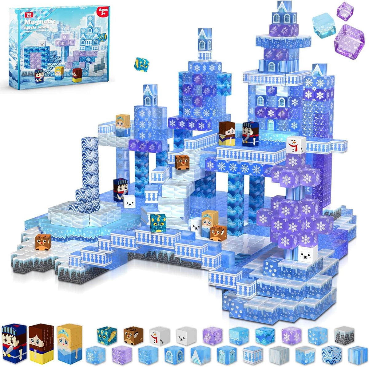 Magnetopia™【Clear Blue】Blocs de construction magnétiques | 100 pièces | 2 cm | Château