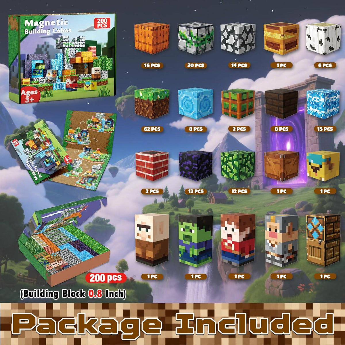 Magnetopia™【Pixel World】Blocs de construction magnétiques | 200 pièces | 2 cm | Aventure
