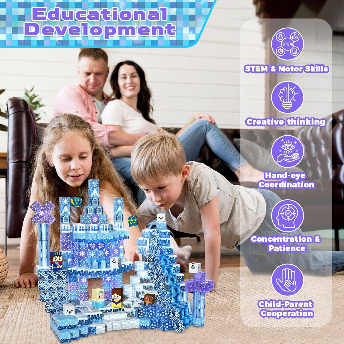 Magnetopia™【Clear Blue】Blocs de construction magnétiques | 100 pièces | 2 cm | Château