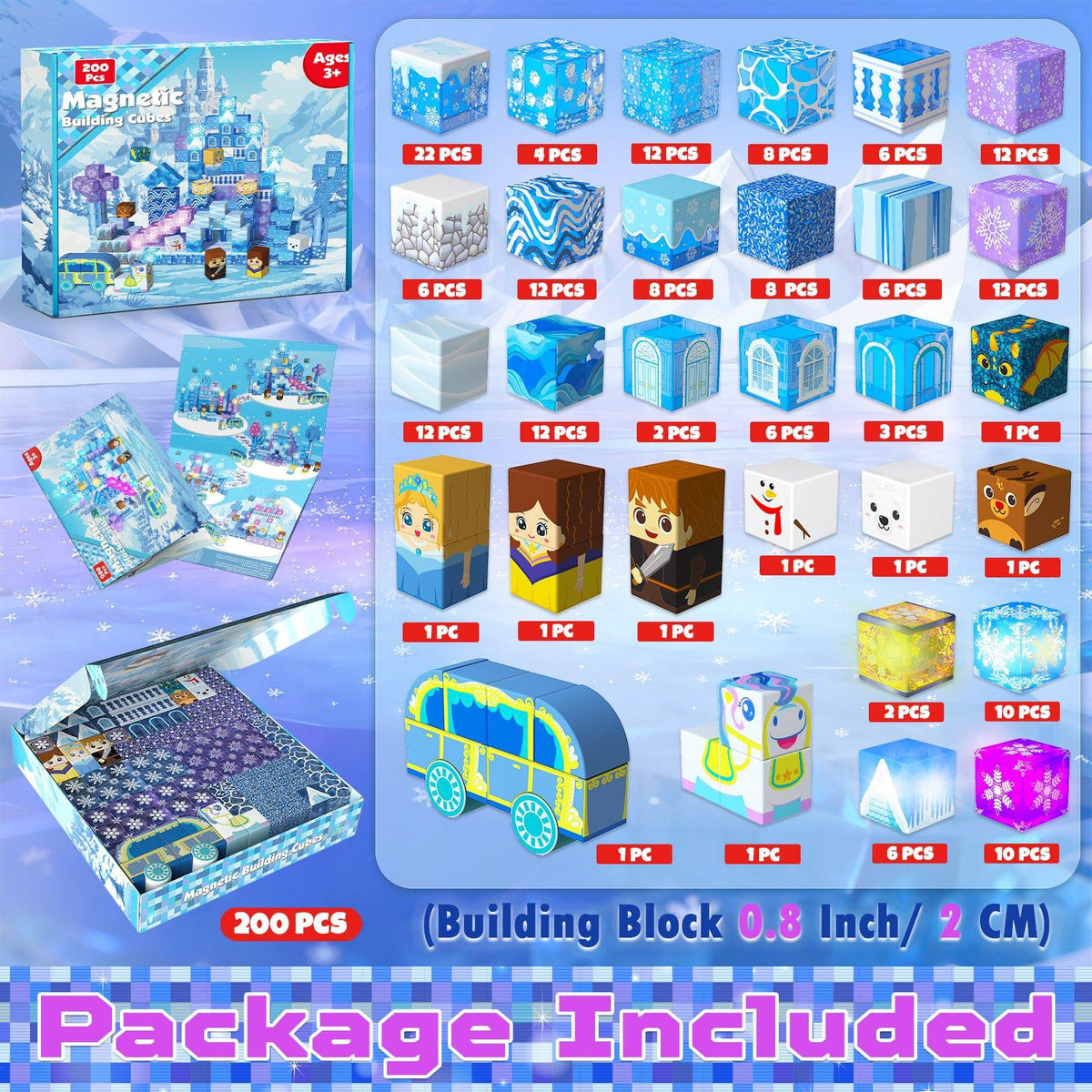 Magnetopia™【Ice Valley】Blocs de construction magnétiques | 200 pièces | 2 cm | Lumineux