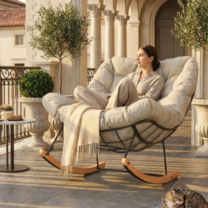 AURORA – Fauteuil à Bascule Extérieur Coussin Épais Acier & Bois d'Érable