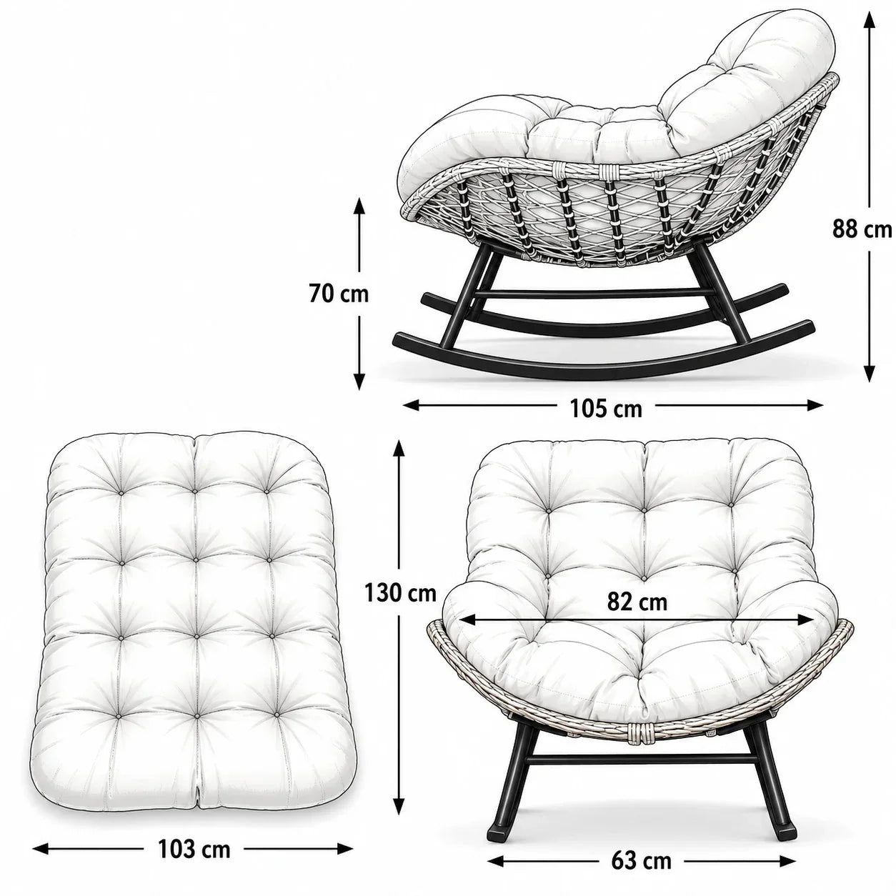 BALIA - Fauteuil à Bascule Papasan Rotin Plein & Coussin Épais