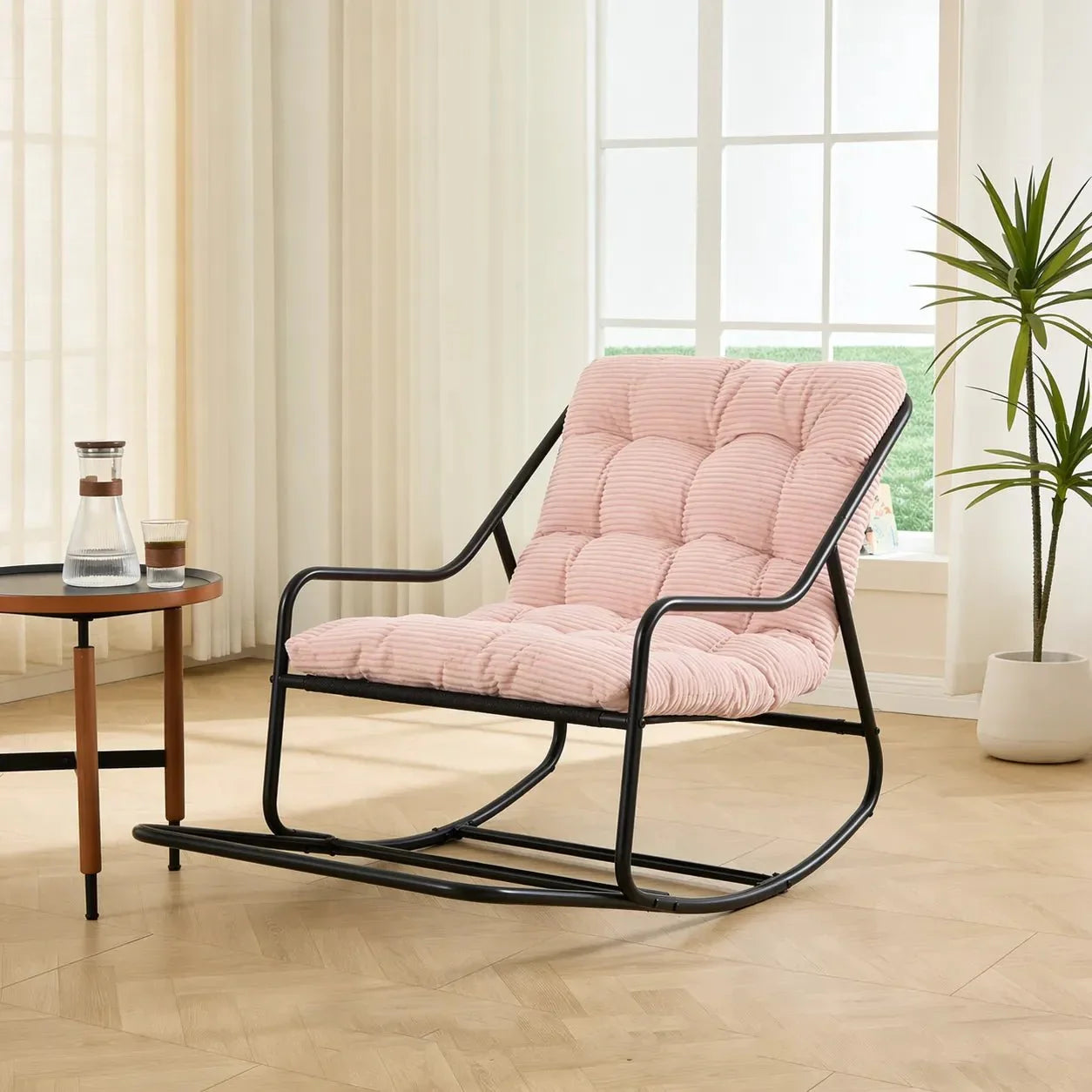 CAPRI - Rocking Chair Corduroy Capitonné & Cadre Métal Noir