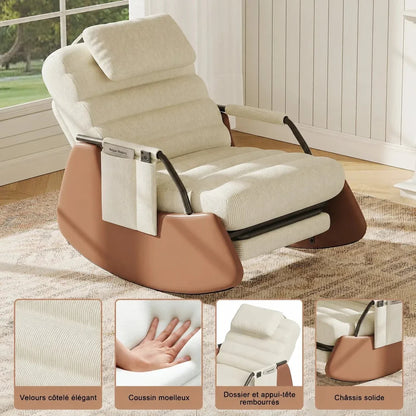 ALORA - Rocking Chair Design Velours Côtelé & Bois Massif