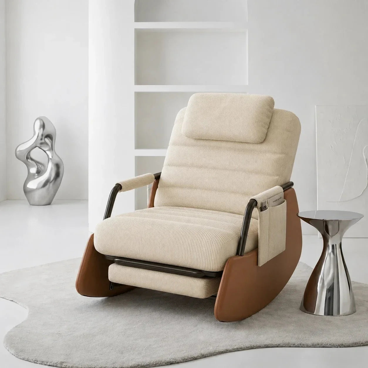 ALORA - Rocking Chair Design Velours Côtelé & Bois Massif