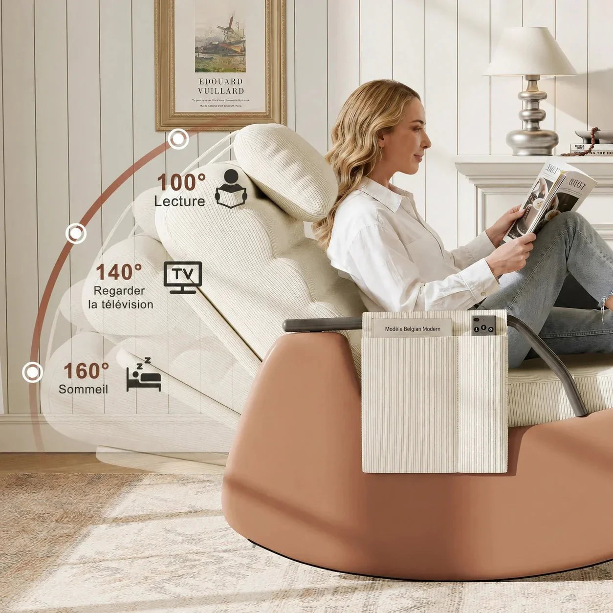ALORA - Rocking Chair Design Velours Côtelé & Bois Massif