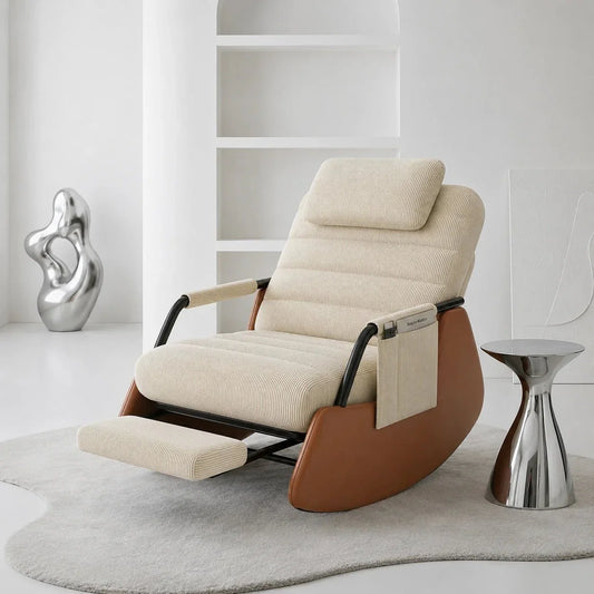 ALORA - Rocking Chair Design Velours Côtelé & Bois Massif