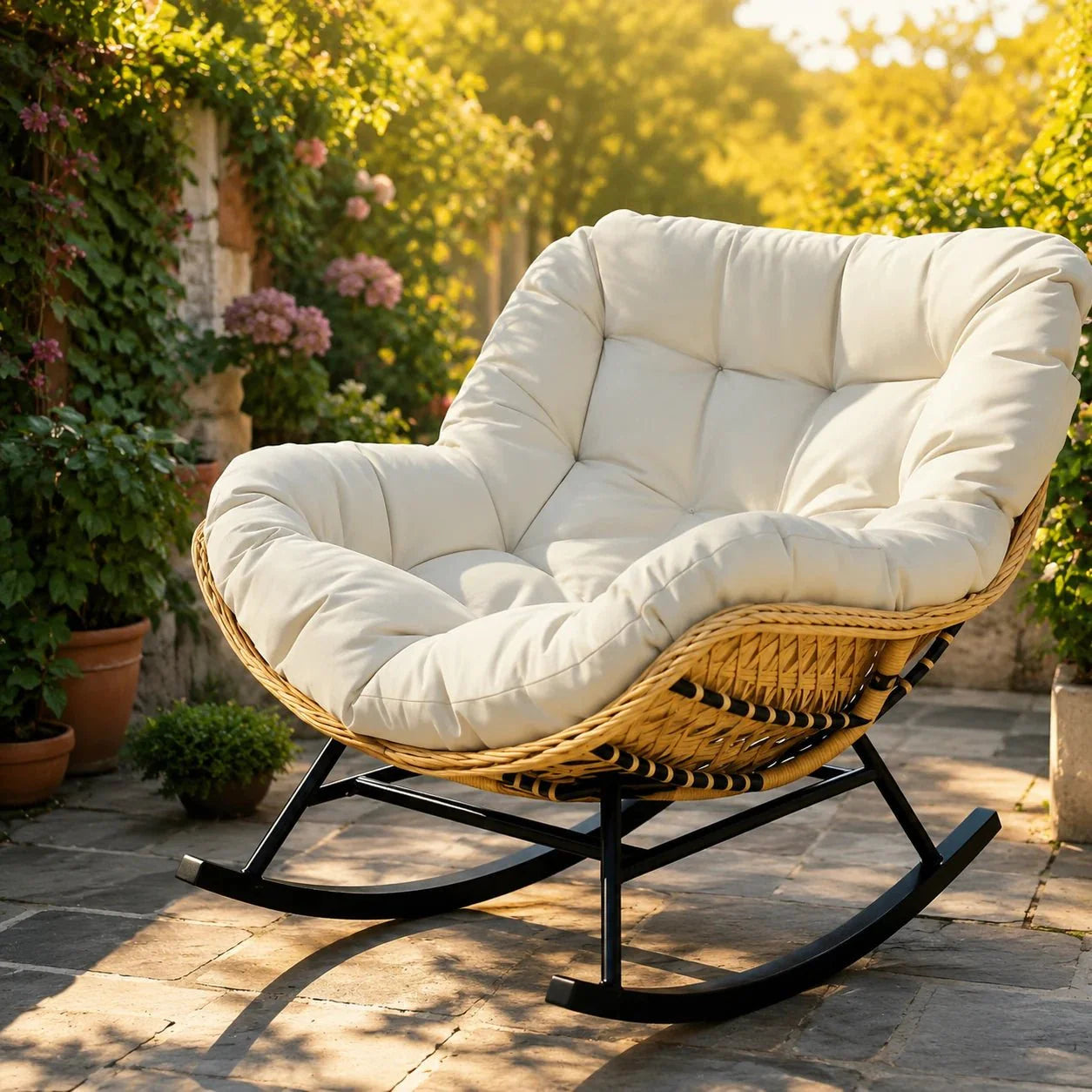 BALIA - Fauteuil à Bascule Papasan Rotin Plein & Coussin Épais