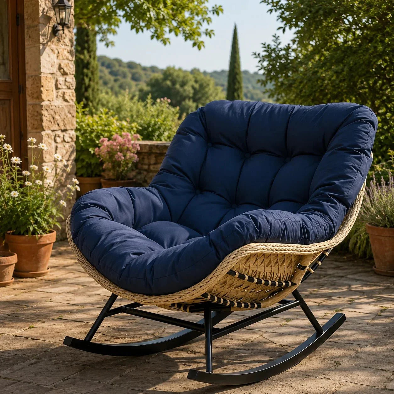 BALIA - Fauteuil à Bascule Papasan Rotin Plein & Coussin Épais