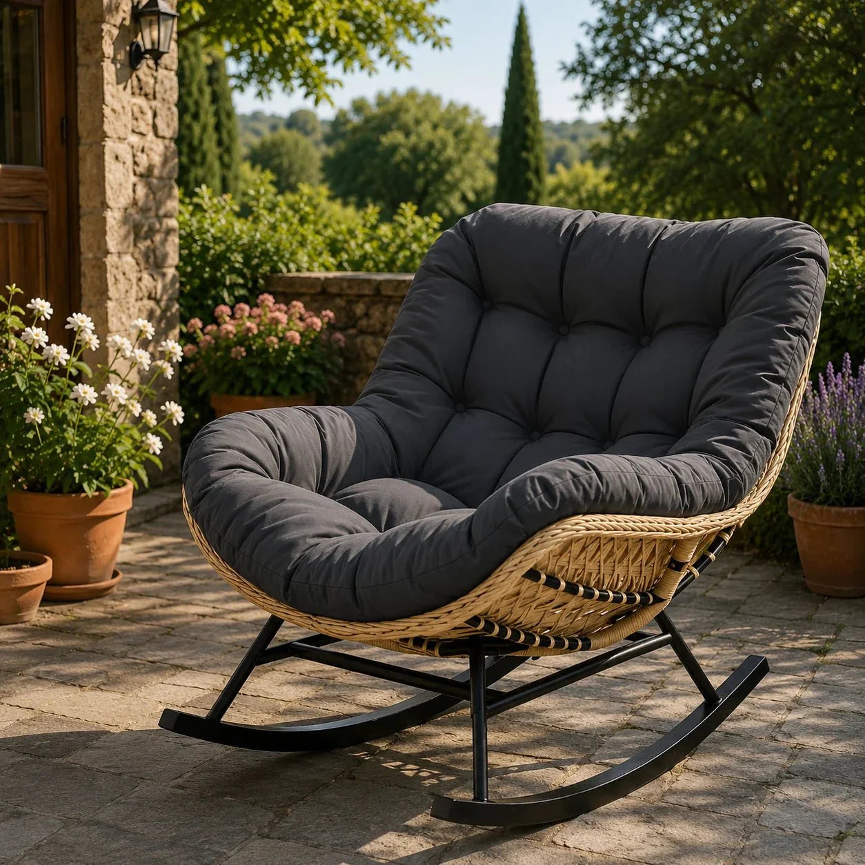BALIA - Fauteuil à Bascule Papasan Rotin Plein & Coussin Épais
