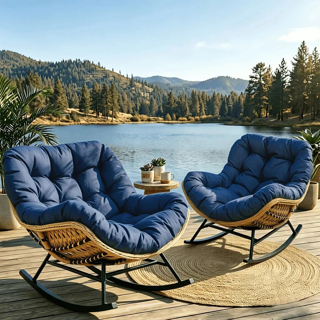 BALIA - Fauteuil à Bascule Papasan Rotin Plein & Coussin Épais