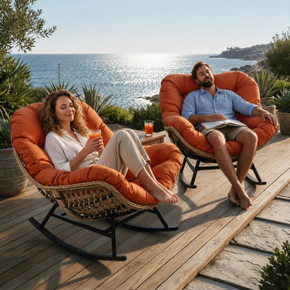 BALIA - Fauteuil à Bascule Papasan Rotin Plein & Coussin Épais