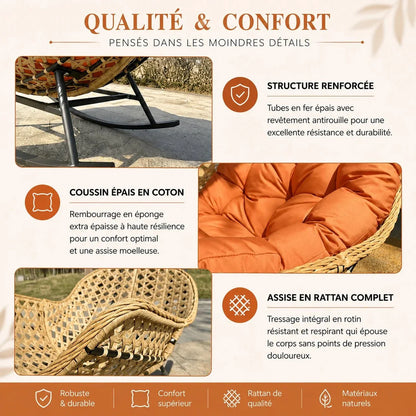 BALIA - Fauteuil à Bascule Papasan Rotin Plein & Coussin Épais