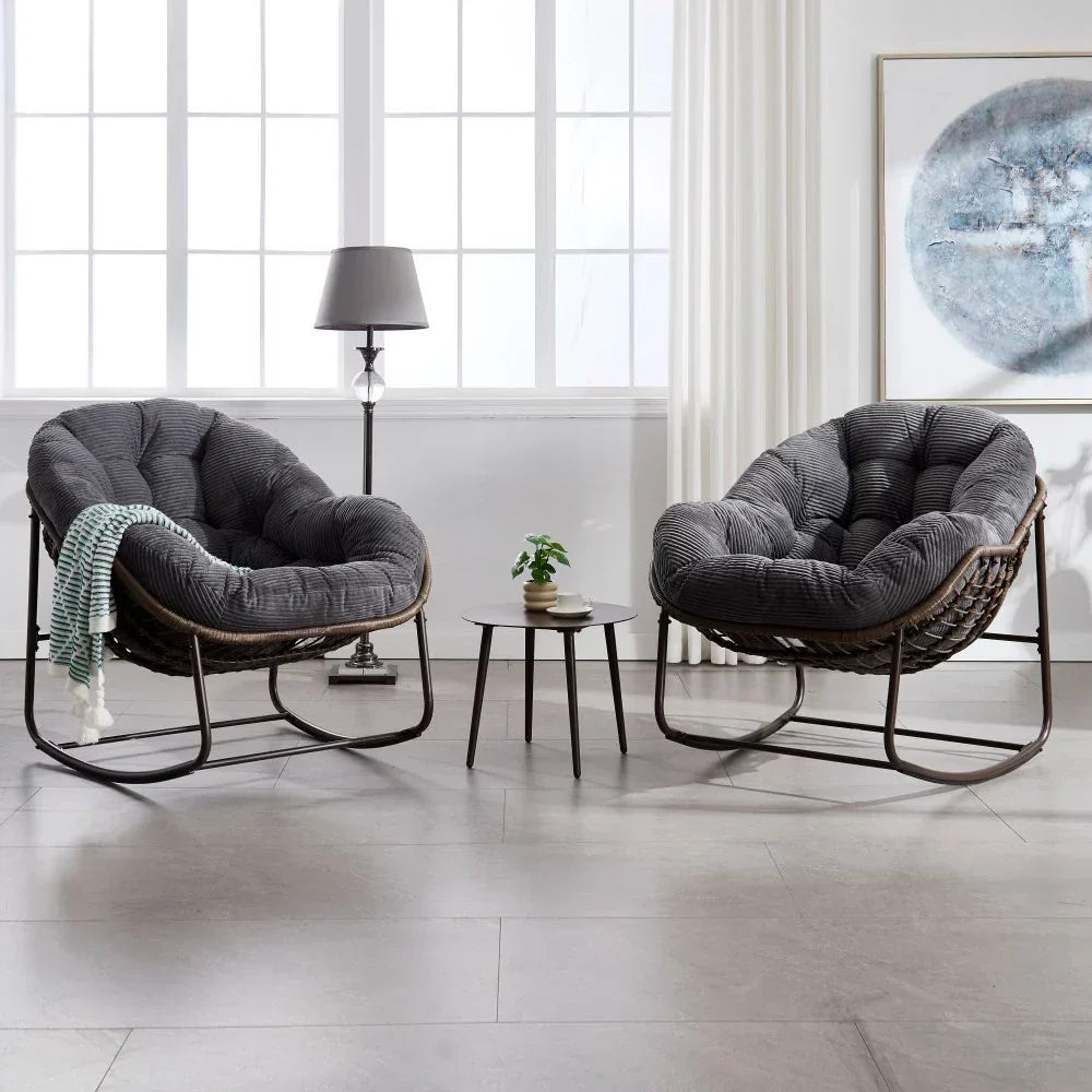 COCONA – Fauteuil à Bascule Papasan Rotin & Velours Côtelé