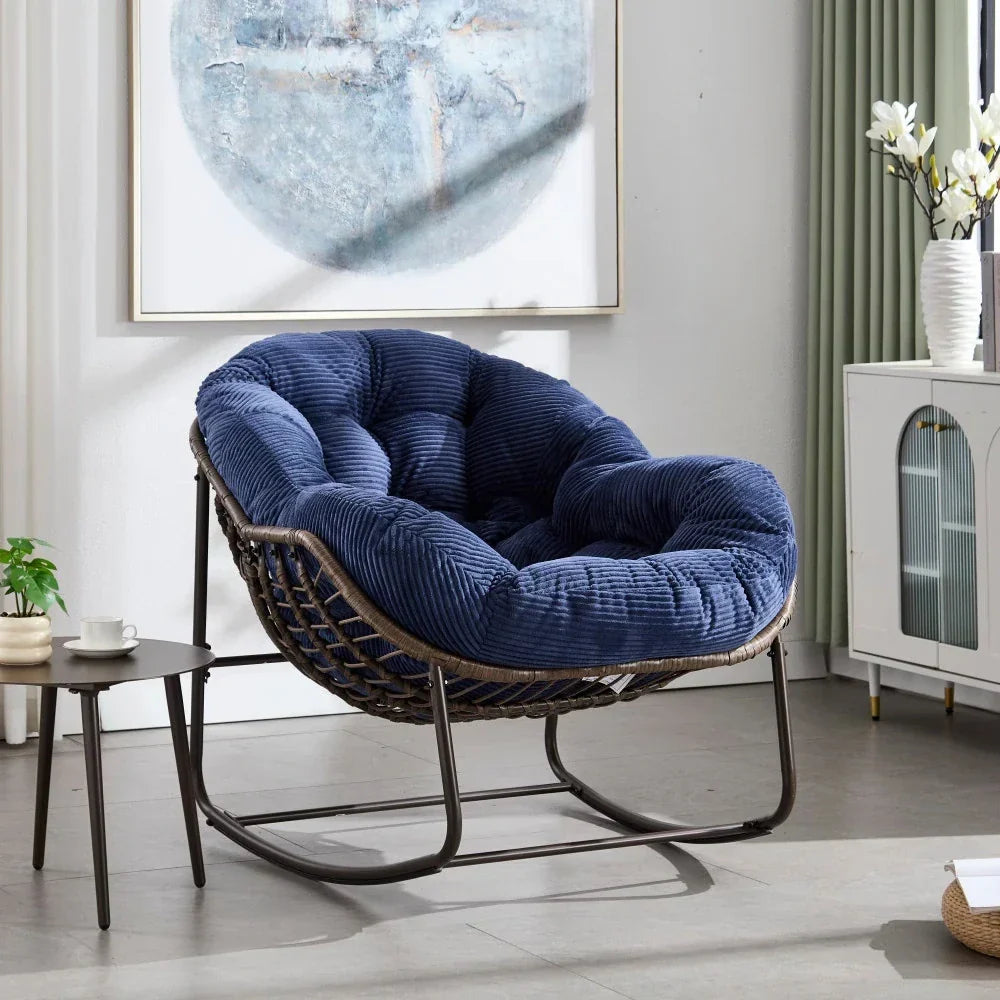 COCONA – Fauteuil à Bascule Papasan Rotin & Velours Côtelé