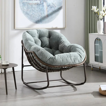 COCONA – Fauteuil à Bascule Papasan Rotin & Velours Côtelé