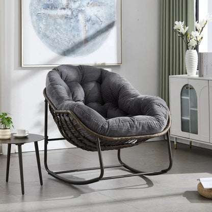COCONA – Fauteuil à Bascule Papasan Rotin & Velours Côtelé