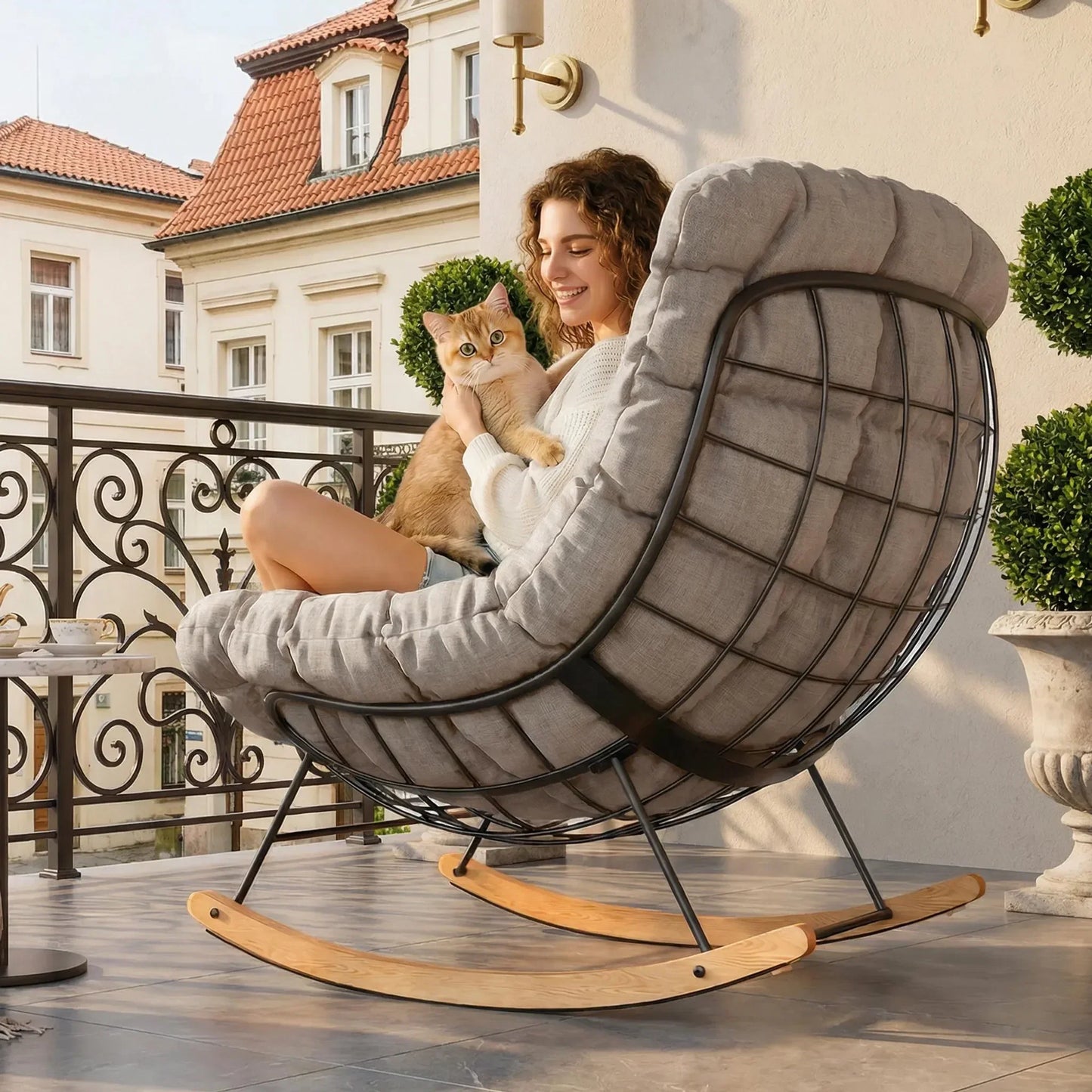 AURORA – Fauteuil à Bascule Extérieur Coussin Épais Acier & Bois d'Érable