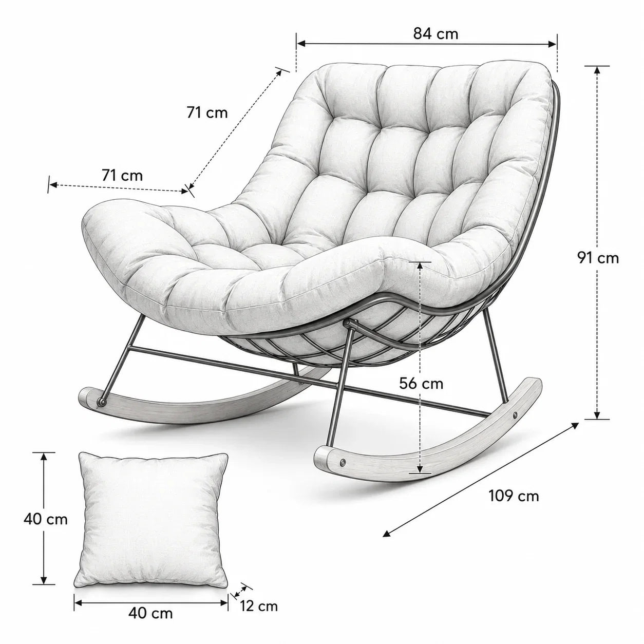 AURORA – Fauteuil à Bascule Extérieur Coussin Épais Acier & Bois d'Érable