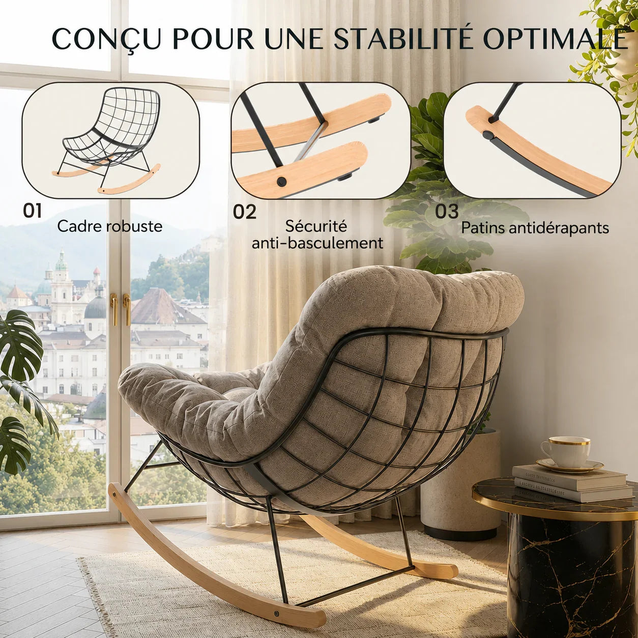 AURORA – Fauteuil à Bascule Extérieur Coussin Épais Acier & Bois d'Érable