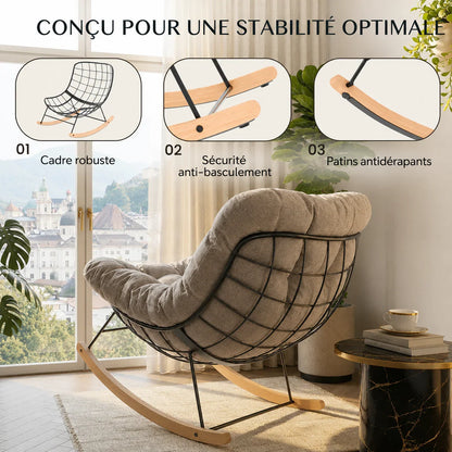 AURORA – Fauteuil à Bascule Extérieur Coussin Épais Acier & Bois d'Érable