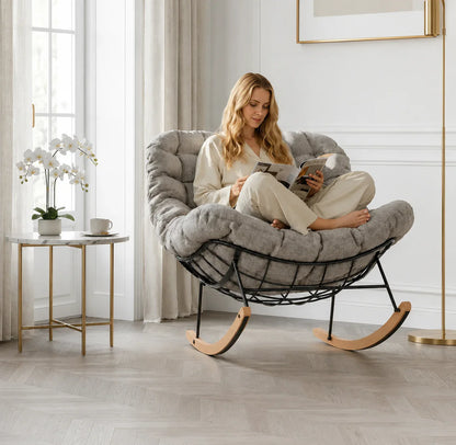 AURORA – Fauteuil à Bascule Extérieur Coussin Épais Acier & Bois d'Érable