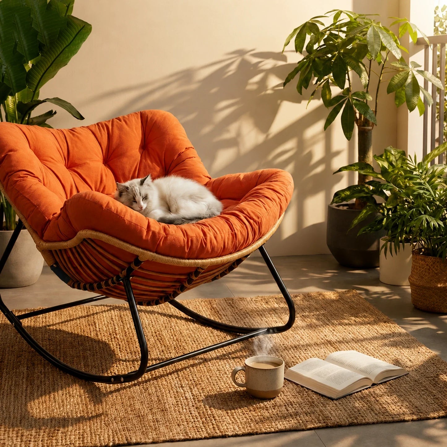 BOLMO - Rocking Chair Rotin & Coussin XXL Toutes Saisons