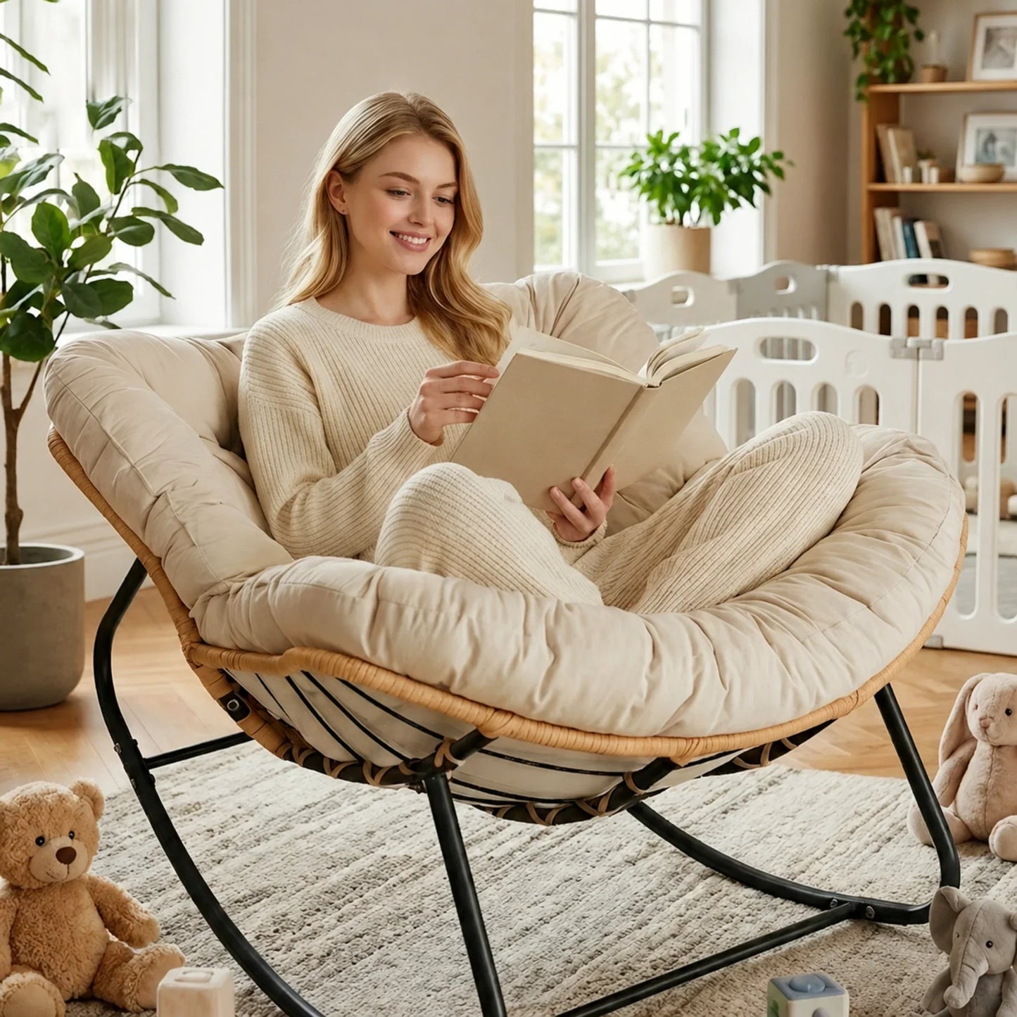 BOLMO - Rocking Chair Rotin & Coussin XXL Toutes Saisons